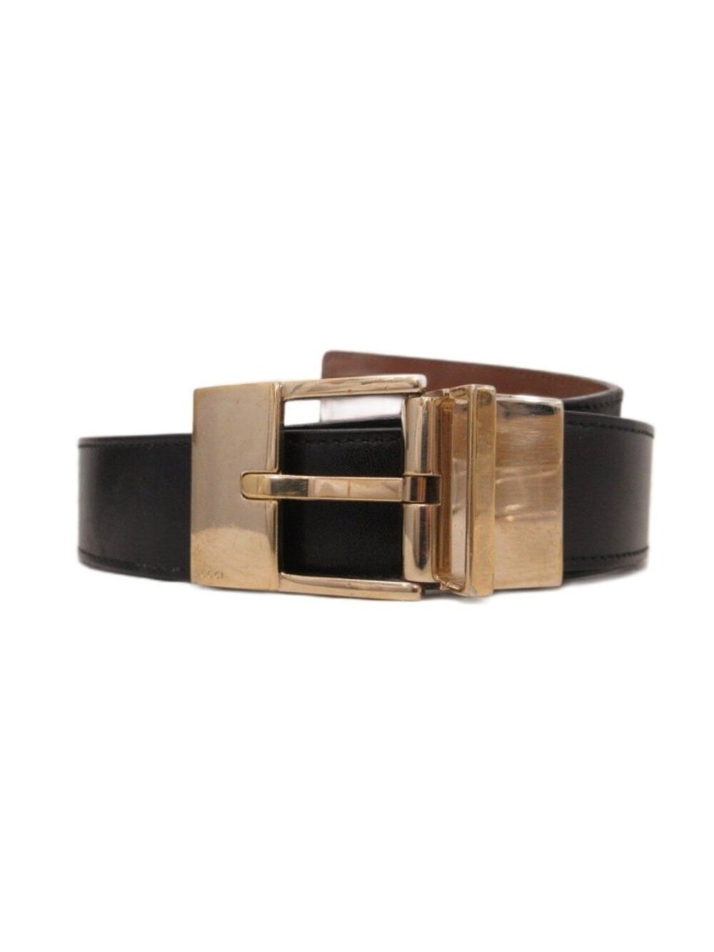 Gucci Square Buckle Leather Belt Logo Stamp Black Gold Tone